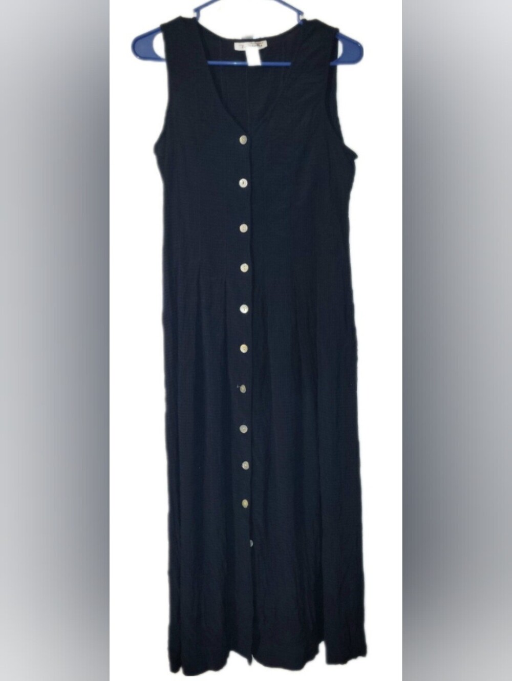 Vintage 1990s Talbots Navy Blue Button-up Crinkle Jumper Maxi Dress Sz 4
